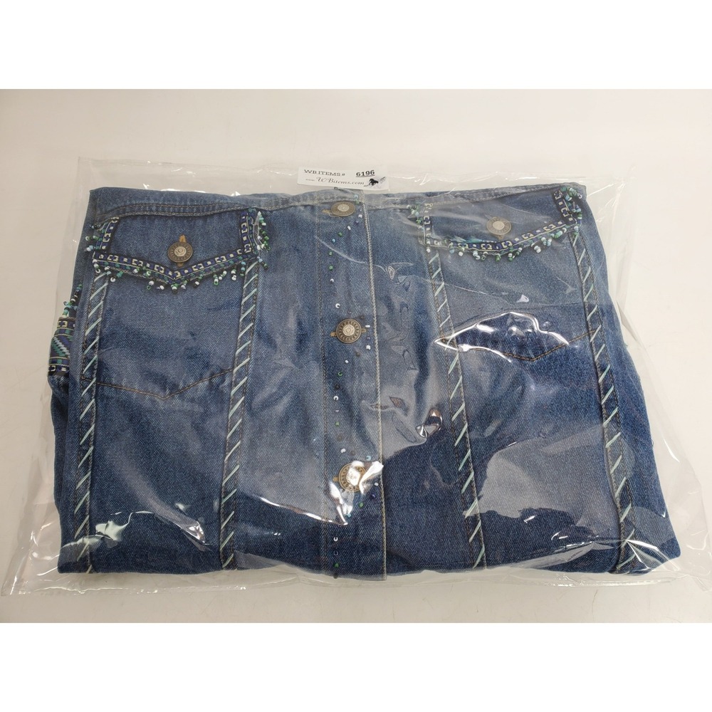 Womens Embellished Denim Jean Jacket Blue Beaded Western Trucker Style L Large - Picture 2 of 16